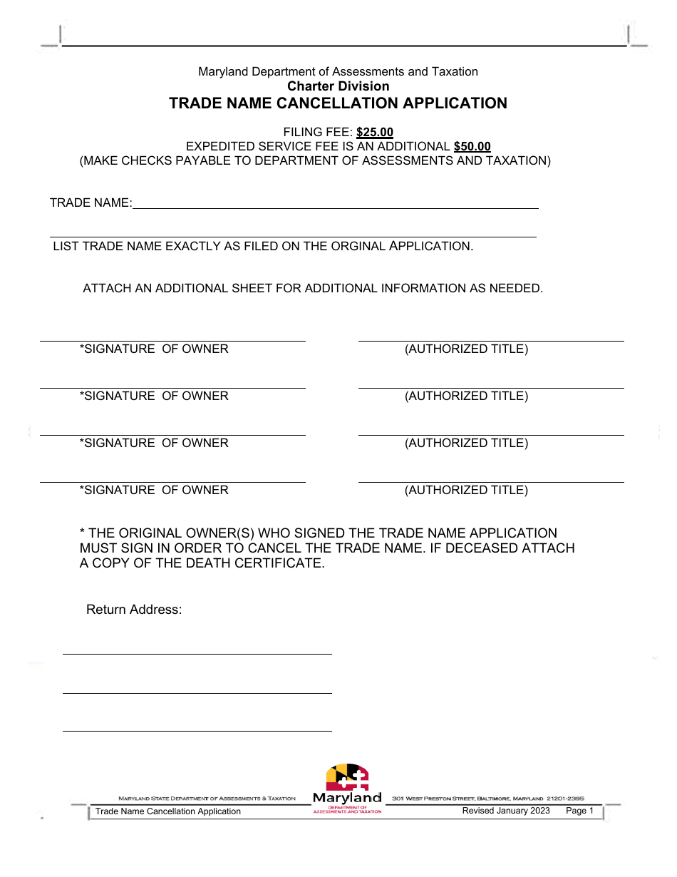 Maryland Trade Name Cancellation Application Download Fillable PDF