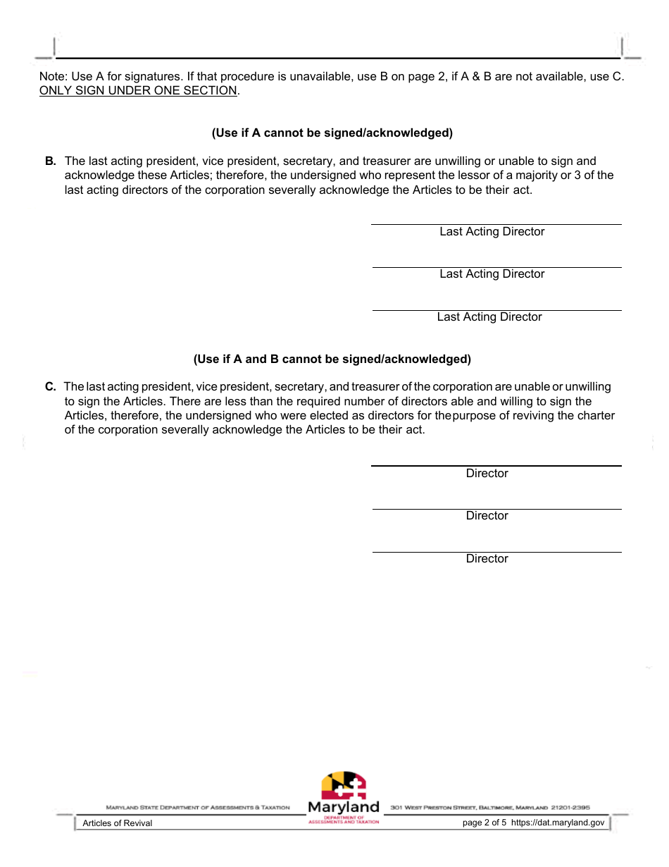 Articles of Revival for the Charter of a Maryland Corporatio - Maryland, Page 2