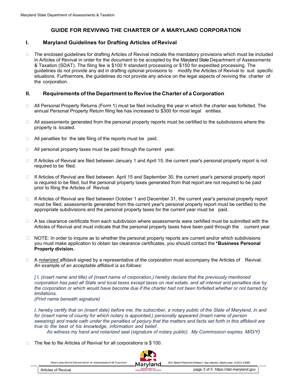 Articles of Revival for the Charter of a Maryland Corporatio - Maryland, Page 3