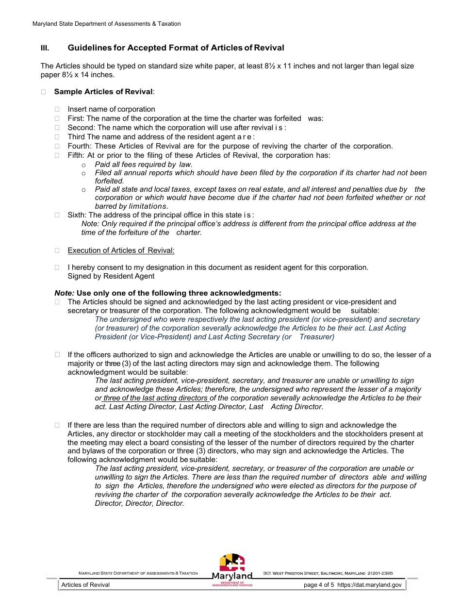 Articles of Revival for the Charter of a Maryland Corporatio - Maryland, Page 4