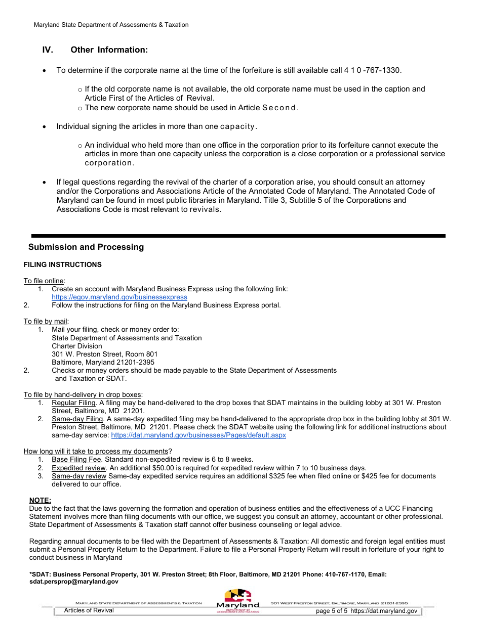 Articles of Revival for the Charter of a Maryland Corporatio - Maryland, Page 5