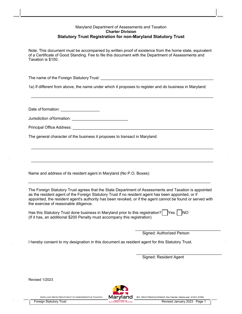 Statutory Trust Registration for Non-maryland Statutory Trust - Maryland, Page 1