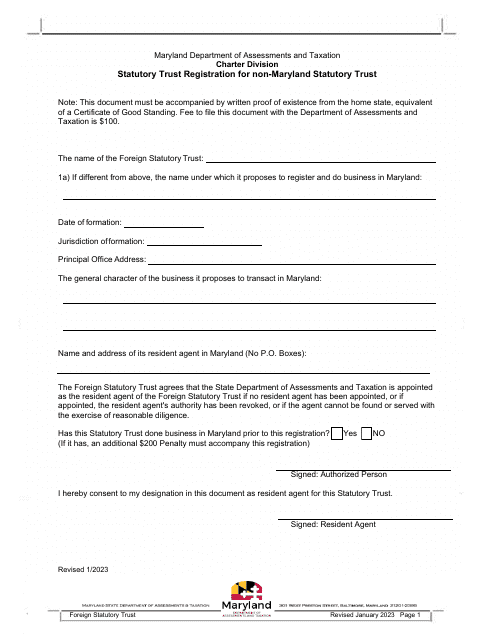 Statutory Trust Registration for Non-maryland Statutory Trust - Maryland Download Pdf