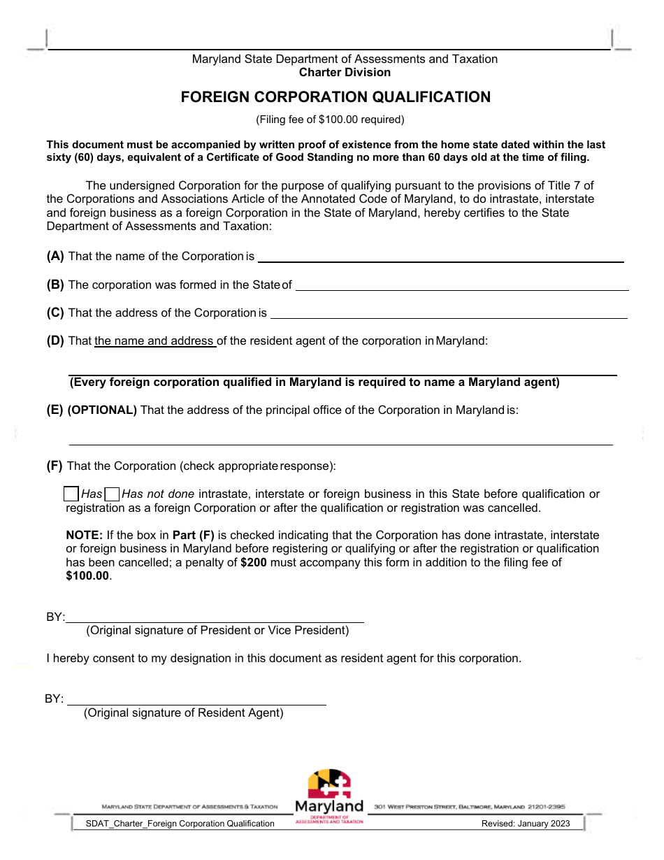 Foreign Corporation Qualification - Maryland, Page 1
