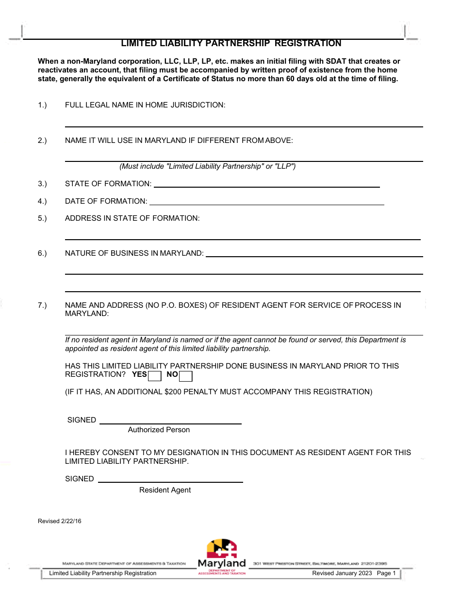 Limited Liability Partnership Registration - Maryland, Page 1