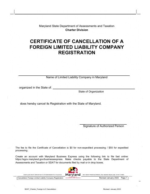 Certificate of Cancellation of a Foreign Limited Liability Company Registration - Maryland Download Pdf