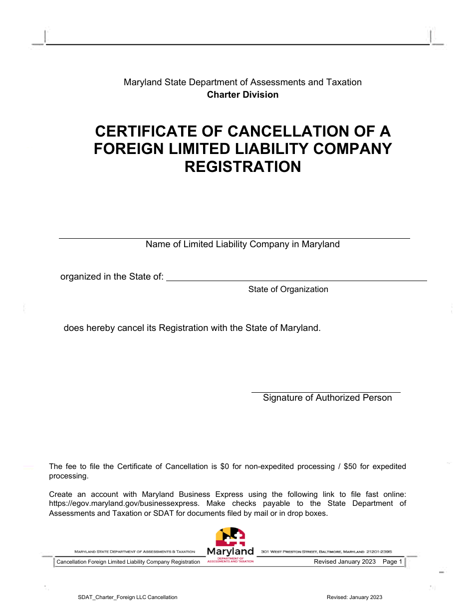 Certificate of Cancellation of a Foreign Limited Liability Company Registration - Maryland, Page 1
