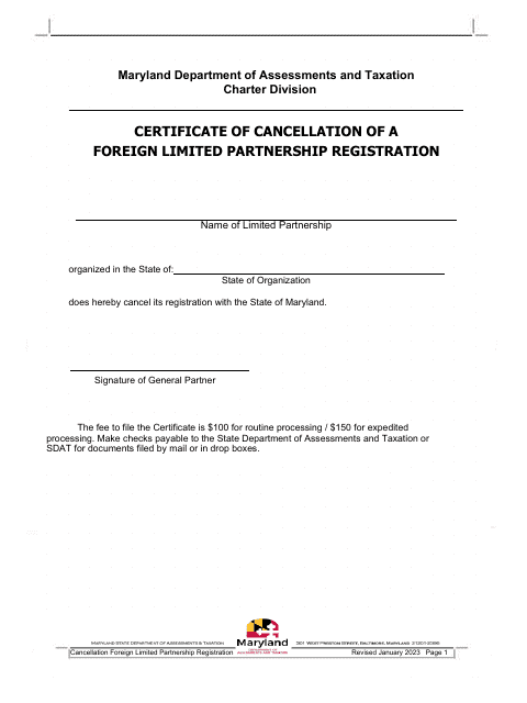 Certificate of Cancellation of a Foreign Limited Partnership Registration - Maryland