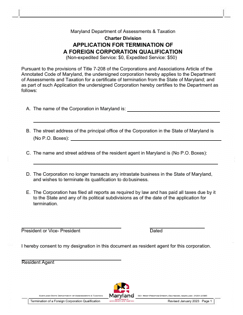 Application for Termination of a Foreign Corporation Qualification - Maryland