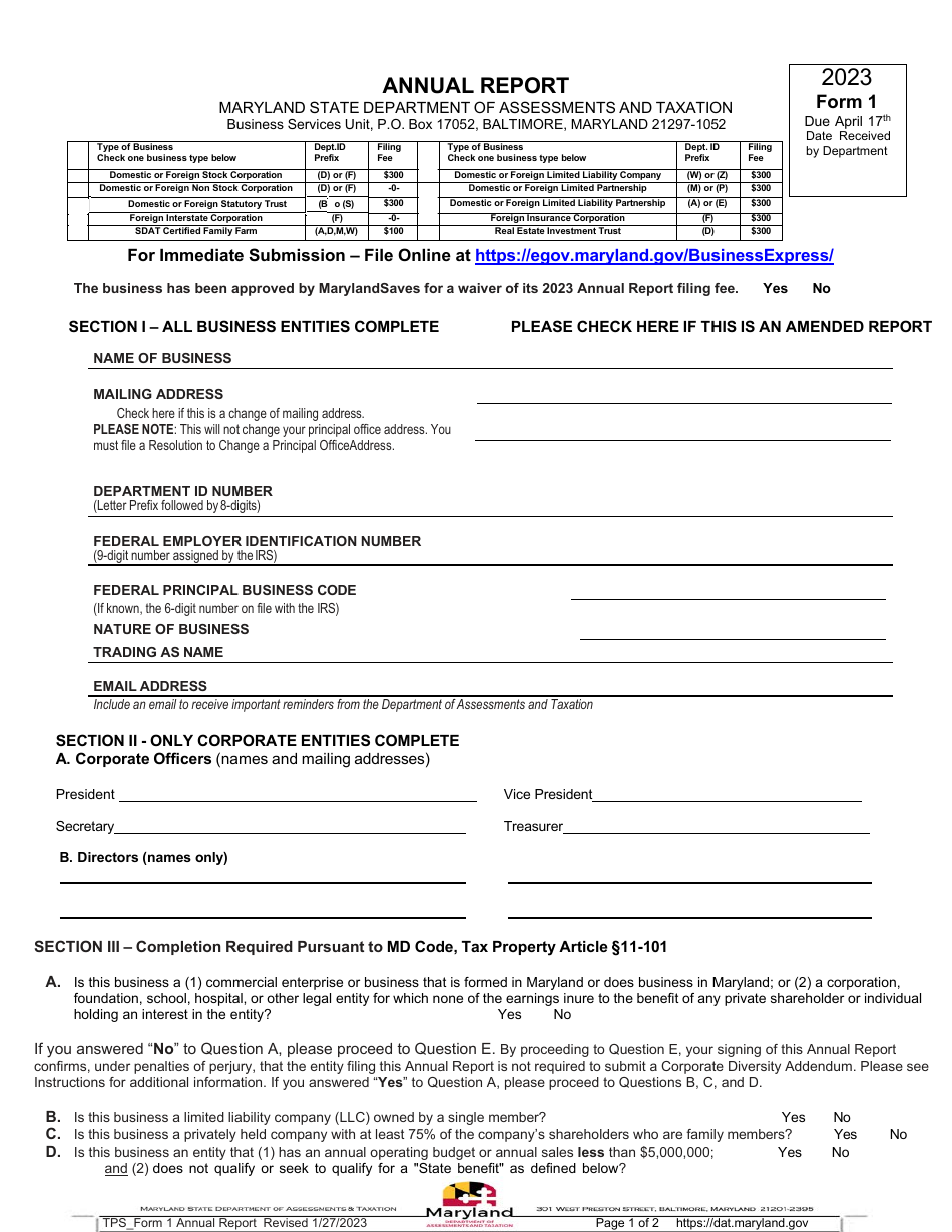 Form 1 Download Fillable PDF or Fill Online Annual Report 2023