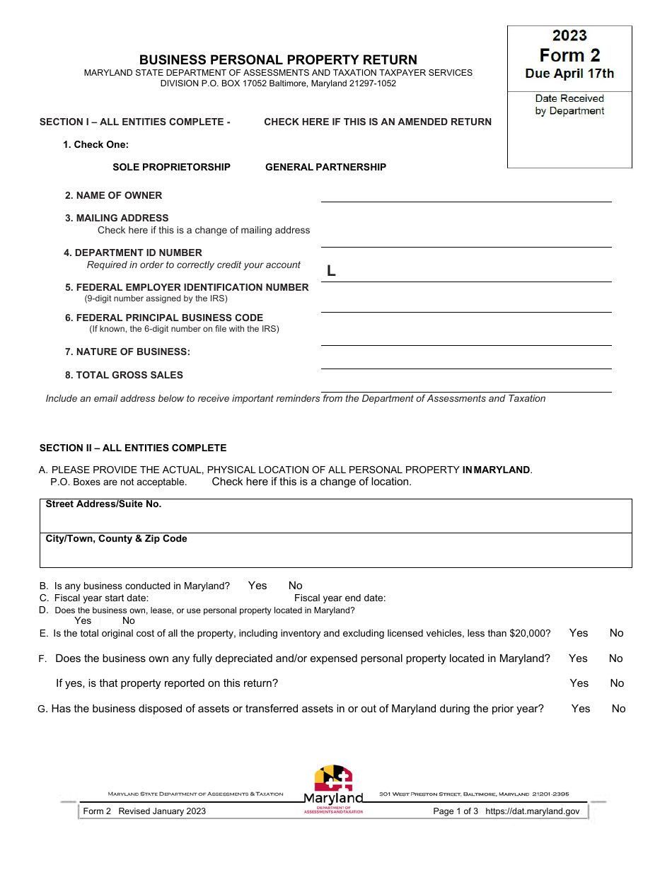 Form 2 Business Personal Property Return - Sole Proprietorship and General Partnerships - Maryland, Page 1