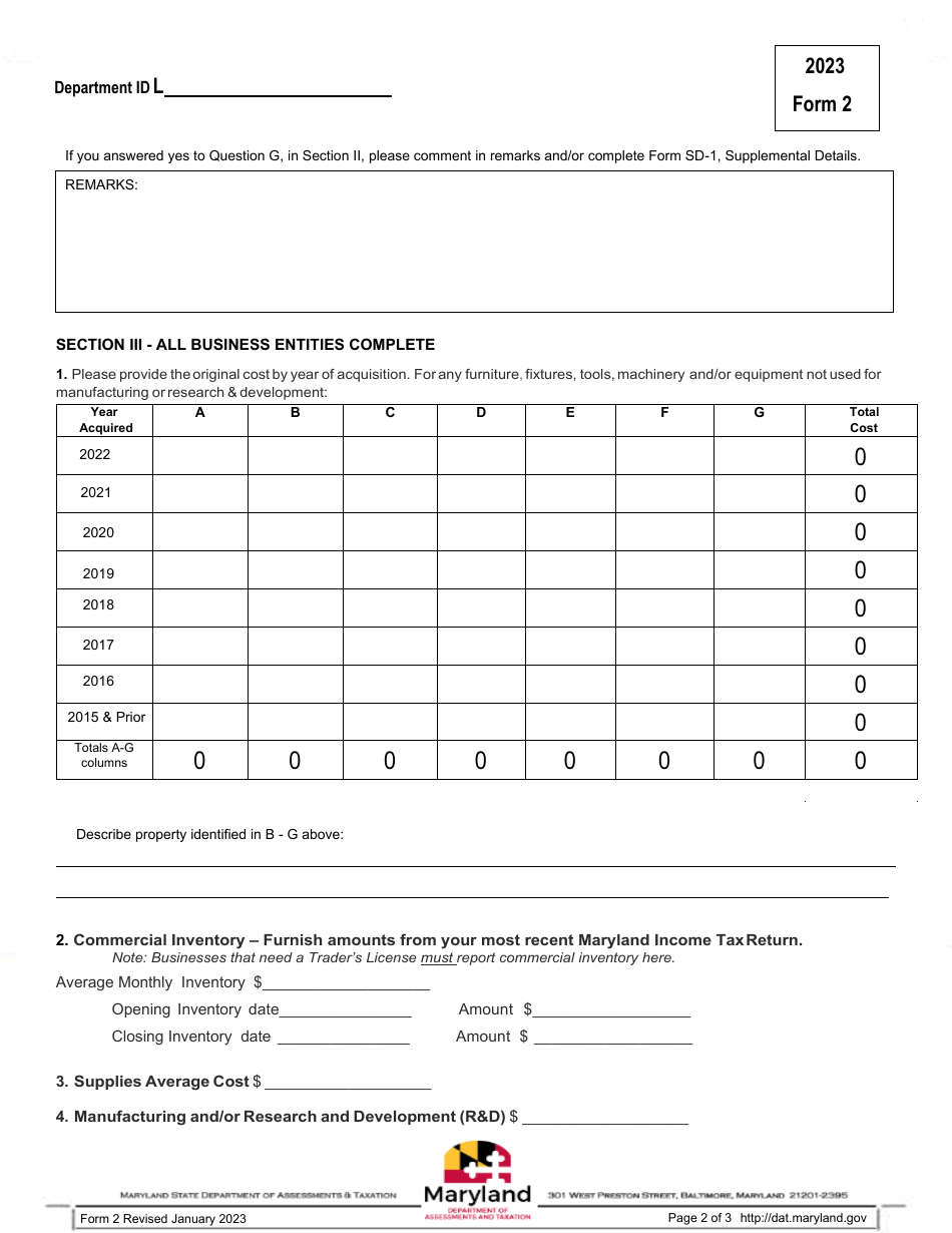 Form 2 Business Personal Property Return - Sole Proprietorship and General Partnerships - Maryland, Page 2