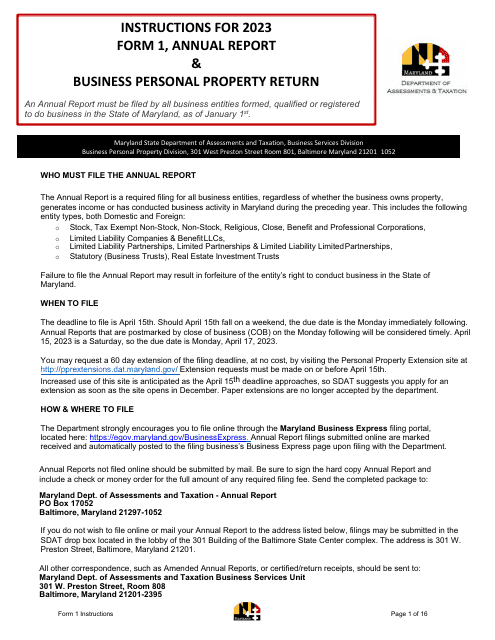 Instructions for Form 1 Annual Report - Maryland, 2023