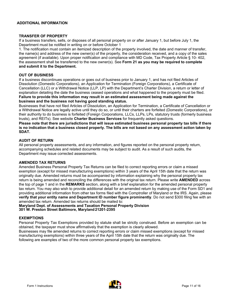 Instructions for Form 1 Annual Report - Maryland, Page 11