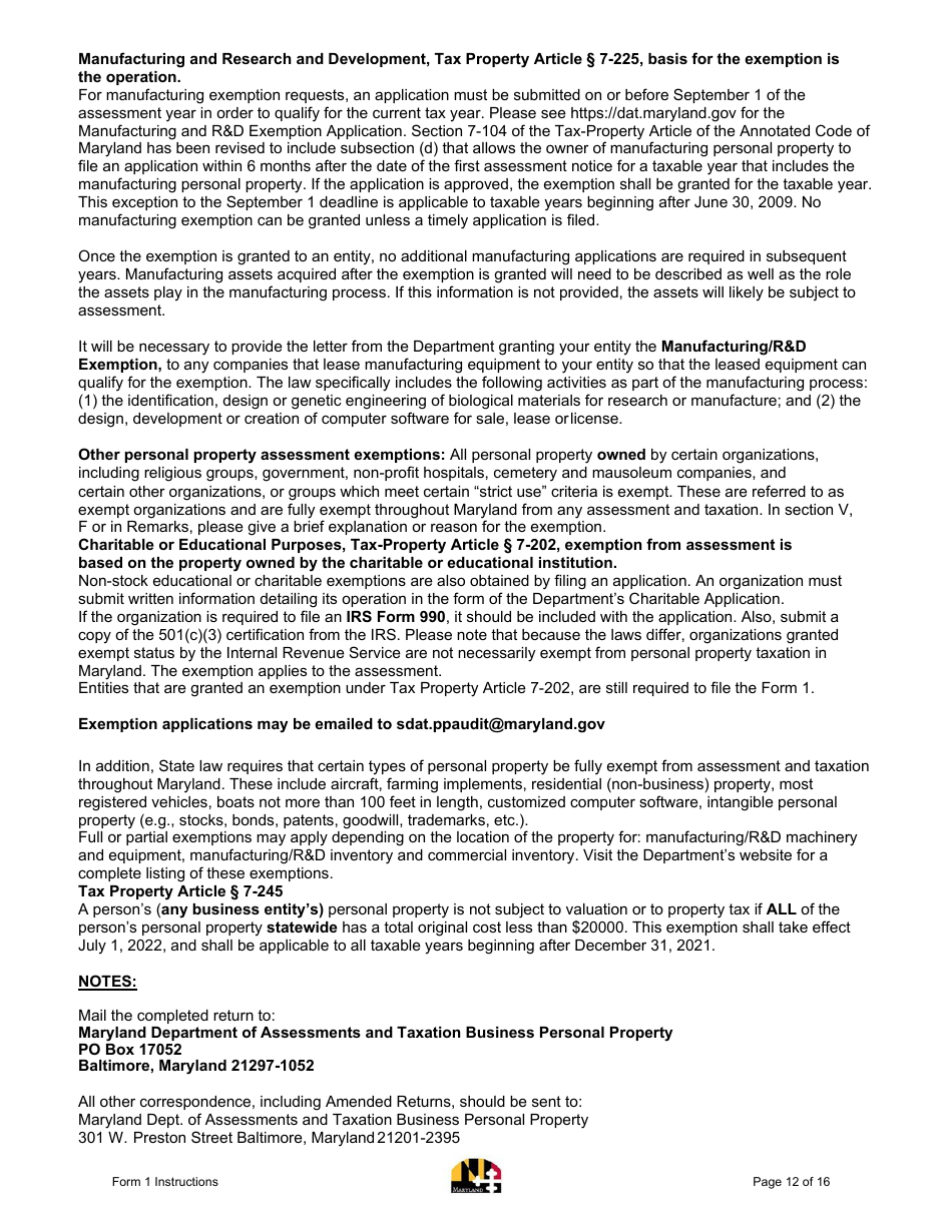 Instructions for Form 1 Annual Report - Maryland, Page 12