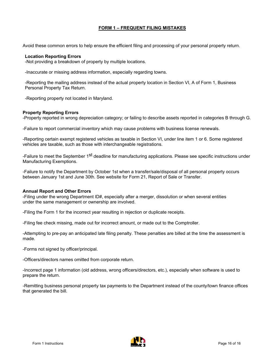 Instructions for Form 1 Annual Report - Maryland, Page 16