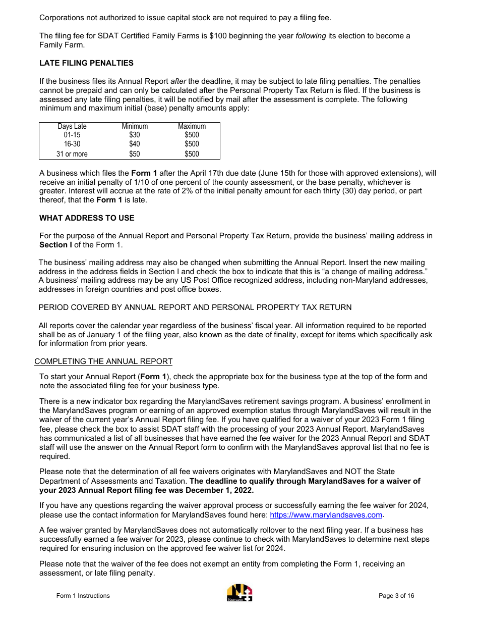 Instructions for Form 1 Annual Report - Maryland, Page 3