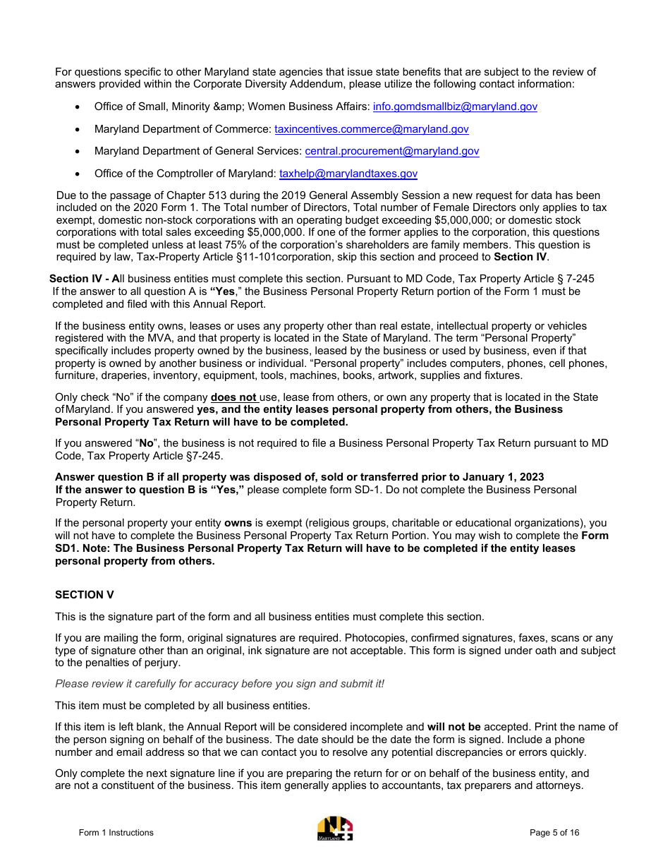 Instructions for Form 1 Annual Report - Maryland, Page 5