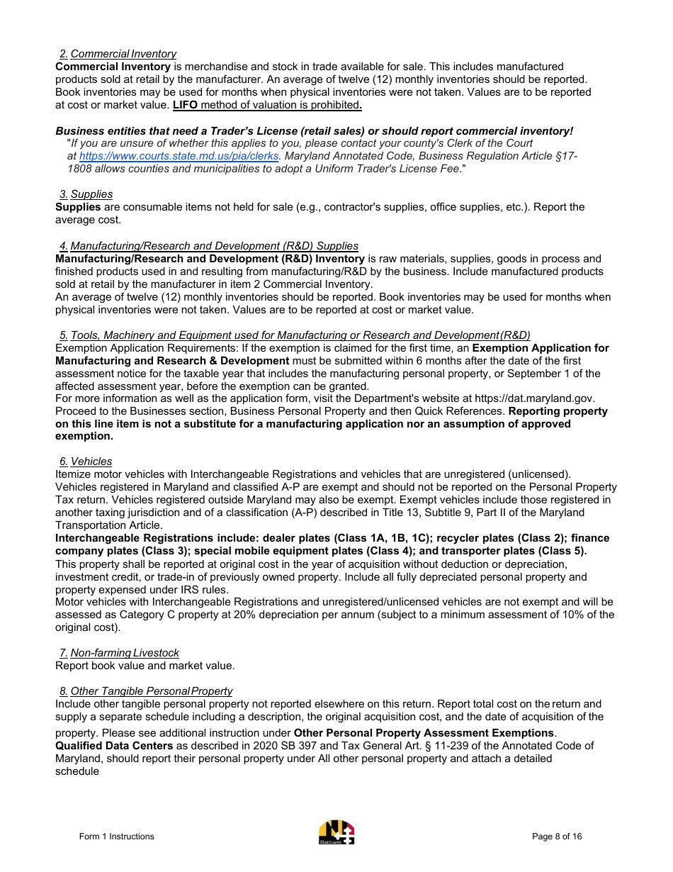 Instructions for Form 1 Annual Report - Maryland, Page 8