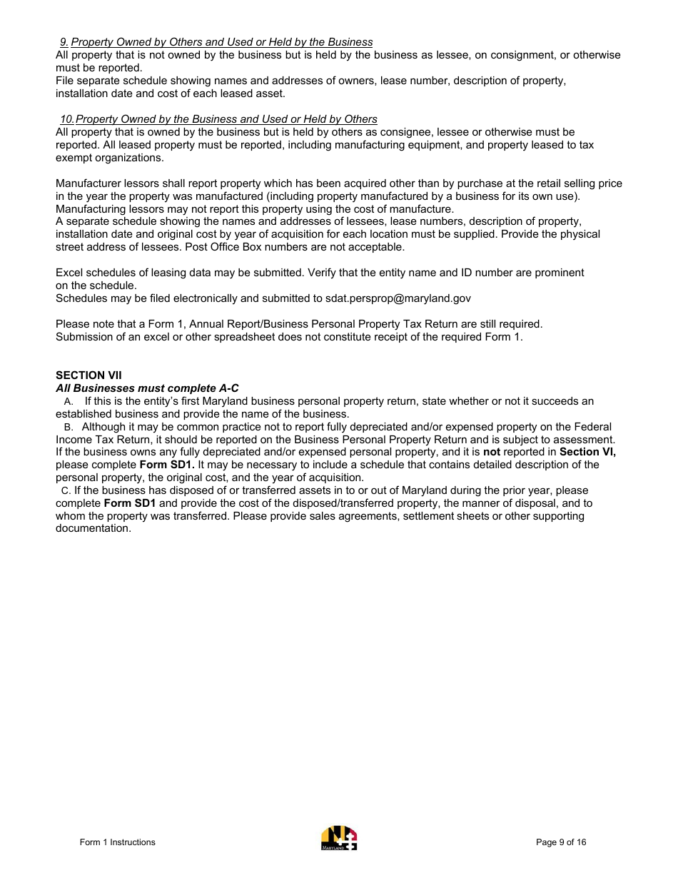 Instructions for Form 1 Annual Report - Maryland, Page 9