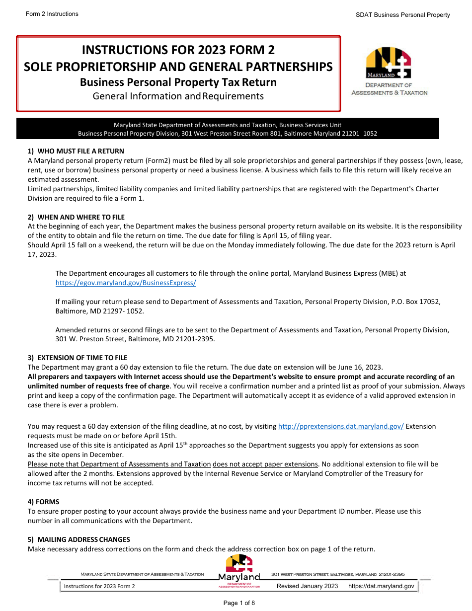 Download Instructions for Form 2 Business Personal Property Return