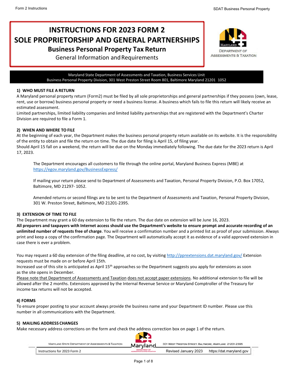 Instructions for Form 2 Business Personal Property Return - Sole Proprietorship and General Partnerships - Maryland, Page 1