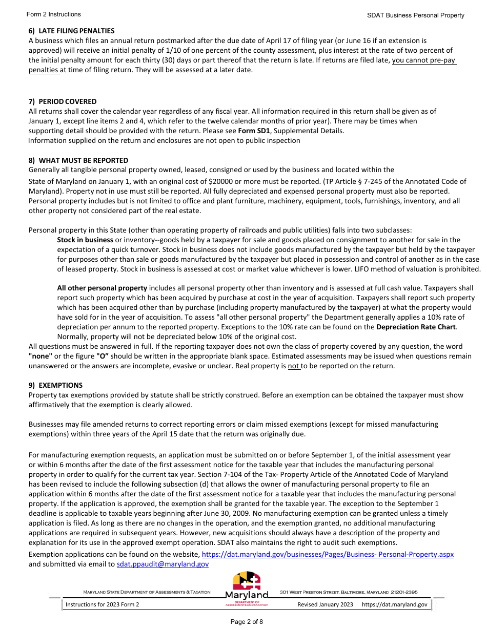 Instructions for Form 2 Business Personal Property Return - Sole Proprietorship and General Partnerships - Maryland, Page 2