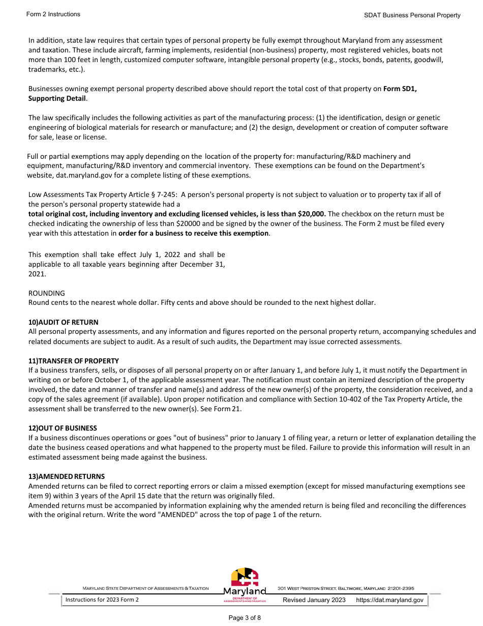 Instructions for Form 2 Business Personal Property Return - Sole Proprietorship and General Partnerships - Maryland, Page 3