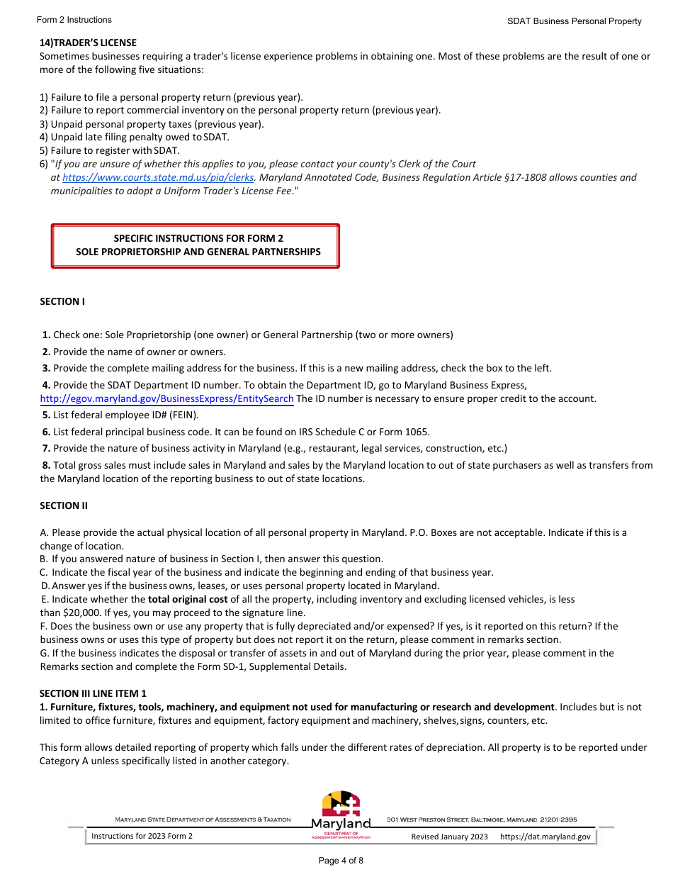 Instructions for Form 2 Business Personal Property Return - Sole Proprietorship and General Partnerships - Maryland, Page 4