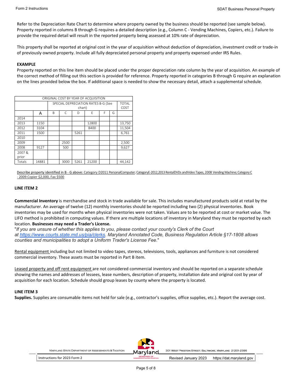 Instructions for Form 2 Business Personal Property Return - Sole Proprietorship and General Partnerships - Maryland, Page 5