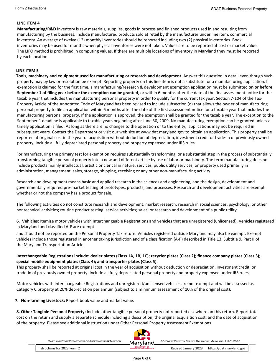 Instructions for Form 2 Business Personal Property Return - Sole Proprietorship and General Partnerships - Maryland, Page 6