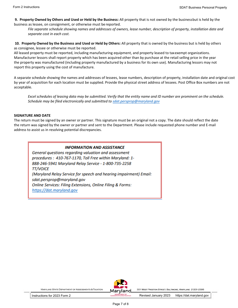 Instructions for Form 2 Business Personal Property Return - Sole Proprietorship and General Partnerships - Maryland, Page 7