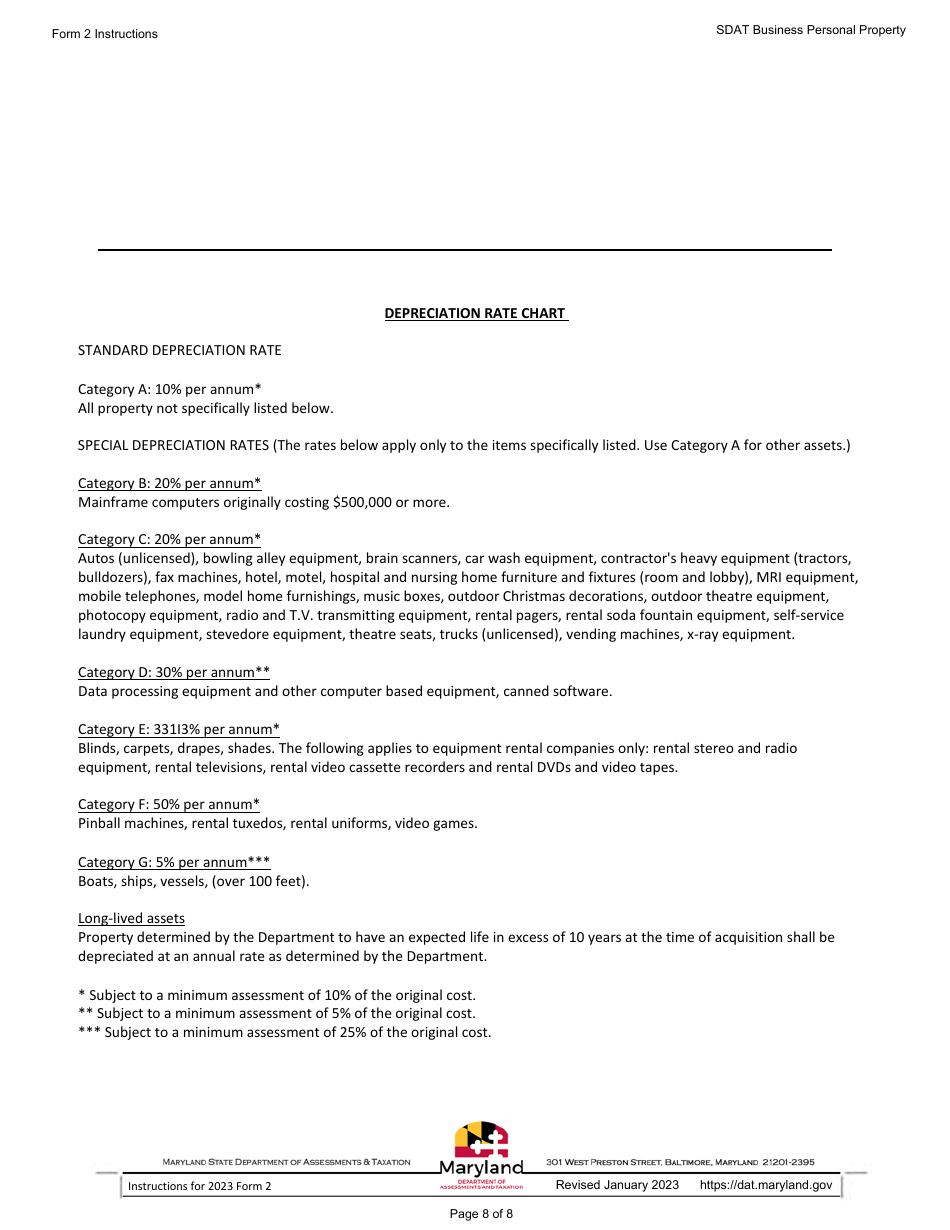 Instructions for Form 2 Business Personal Property Return - Sole Proprietorship and General Partnerships - Maryland, Page 8