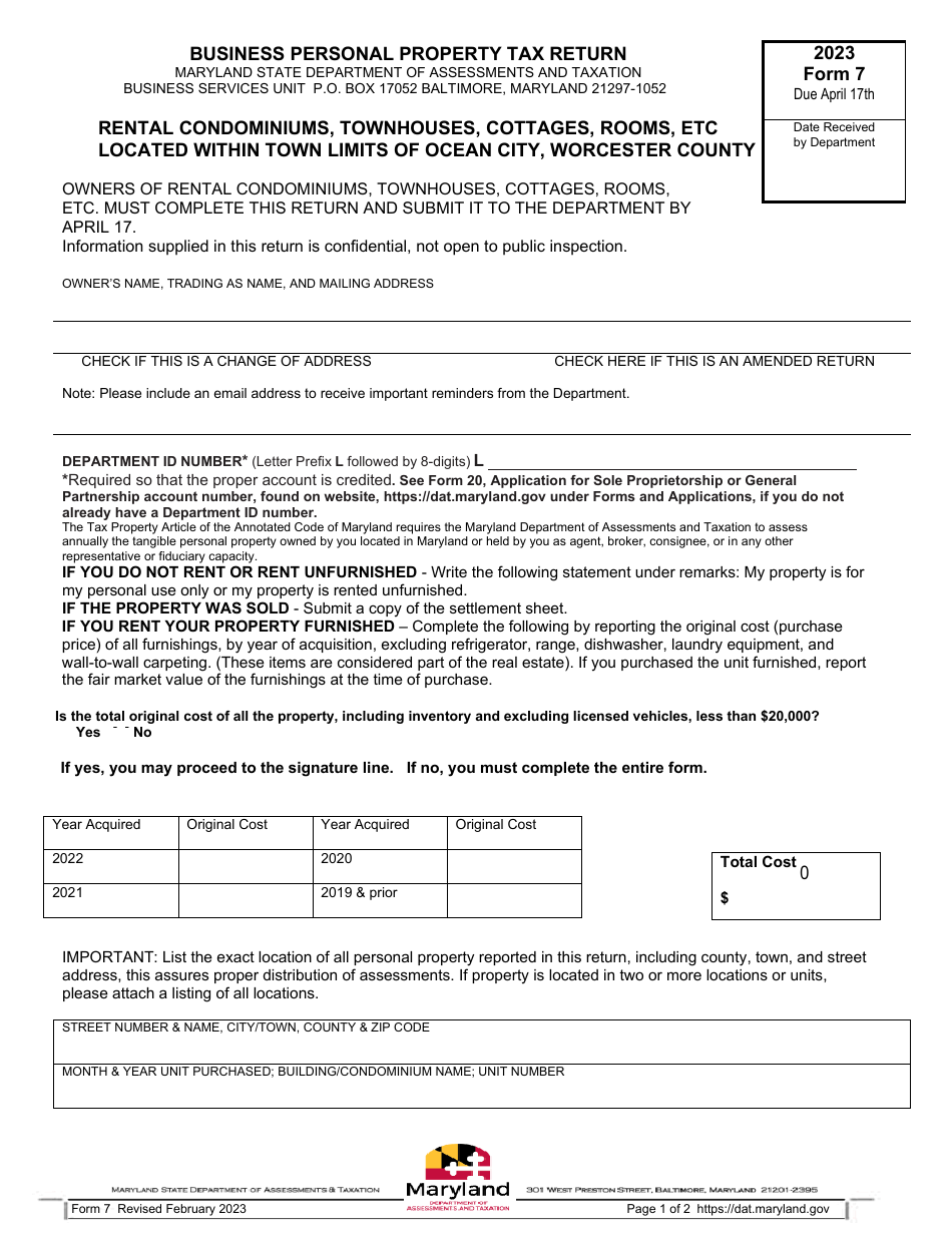 Form 7 Business Personal Property Tax Return - Rental Condominiums, Townhouses, Cottages, Rooms, Etc Located Within Town Limits of Ocean City, Worcester County - Maryland, Page 1