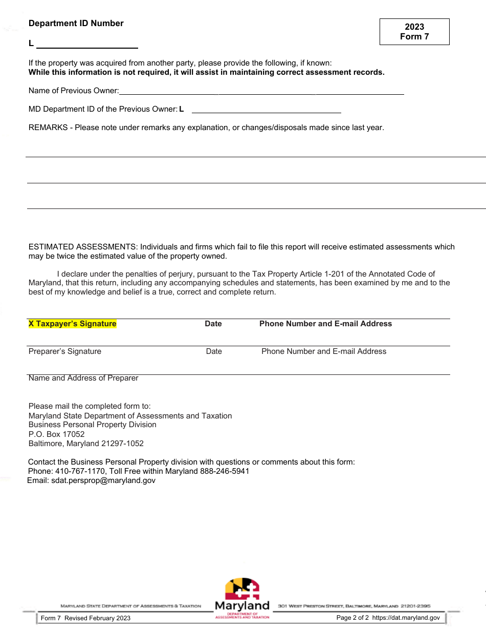 Form 7 Business Personal Property Tax Return - Rental Condominiums, Townhouses, Cottages, Rooms, Etc Located Within Town Limits of Ocean City, Worcester County - Maryland, Page 2