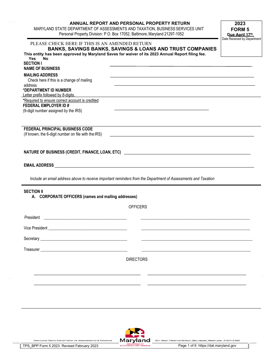 Form 5 Annual Report and Personal Property Return - Maryland, Page 1