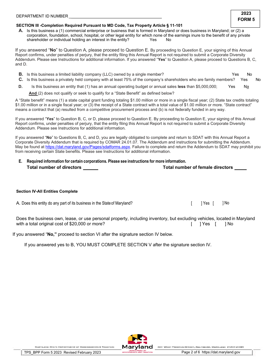 Form 5 Annual Report and Personal Property Return - Maryland, Page 2