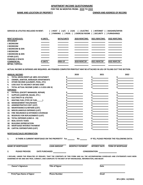 Form RP-6 Apartment Income Questionnaire - Maryland, 2022
