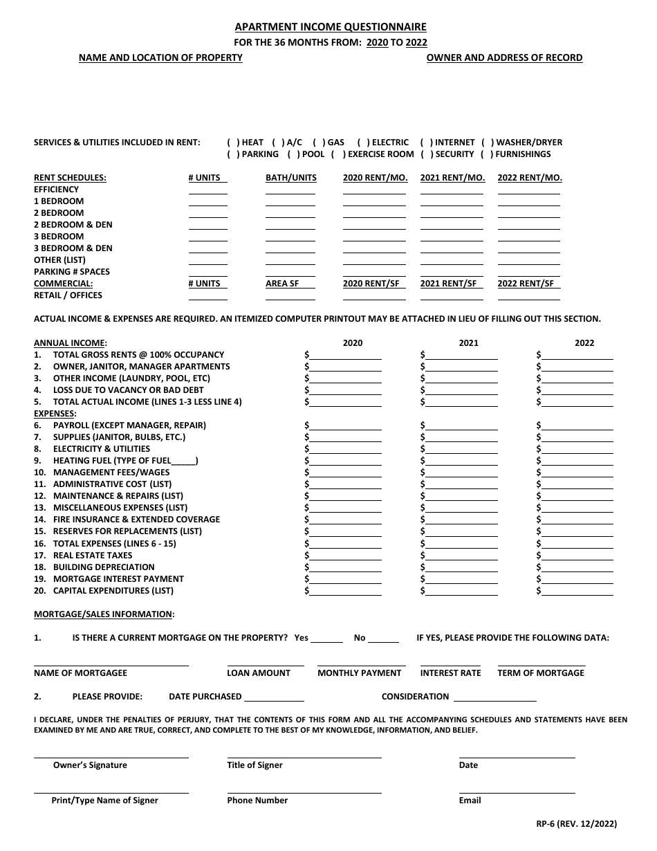 Form RP6 Download Printable PDF or Fill Online Apartment Questionnaire 2022, Maryland