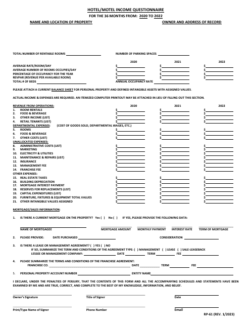 Form RP-61 Hotel/Motel Income Questionnaire - Maryland, 2022