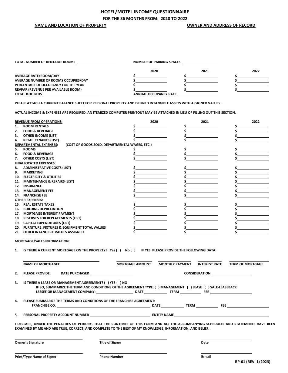 Form RP-61 Hotel / Motel Income Questionnaire - Maryland, Page 1