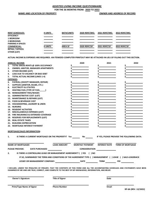 Form RP-6A Assisted Living Income Questionnaire - Maryland, 2022