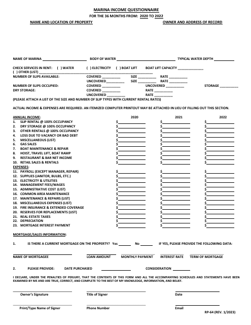 Form RP-64 Marina Income Questionnaire - Maryland, 2022