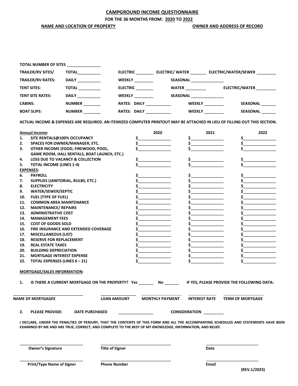 Campground Income Questionnaire - Maryland, Page 1