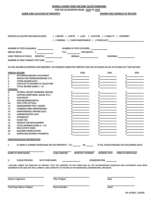 Form RP-10 Mobile Home Park Income Questionnaire - Maryland, 2022