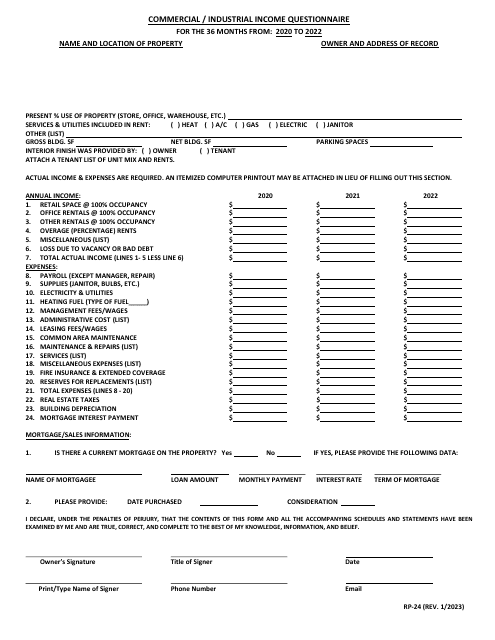 Form RP-24 Commercial/Industrial Income Questionnaire - Maryland, 2022