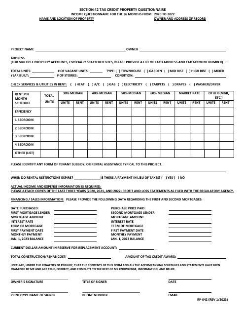 Form RP-042 Section 42 Tax Credit Property Questionnaire - Maryland, 2022