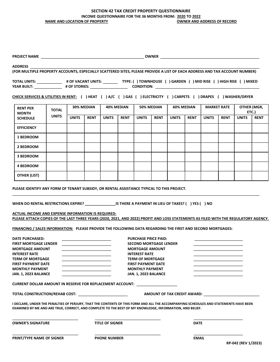 Form RP-042 Section 42 Tax Credit Property Questionnaire - Maryland, Page 1