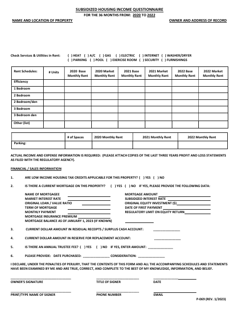 Form P-069 Subsidized Housing Income Questionnaire - Maryland, 2022