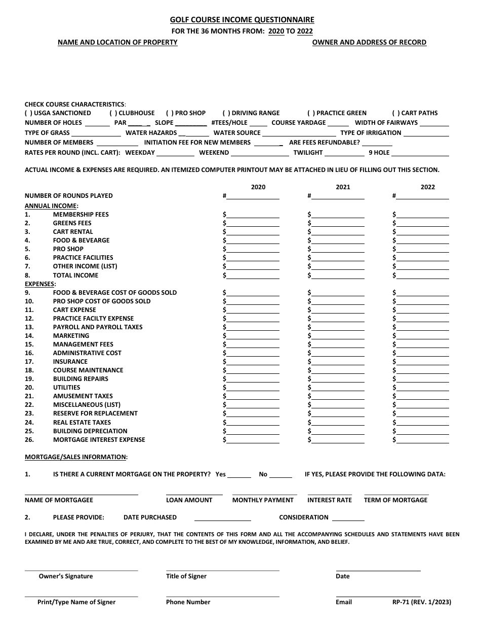 Form RP71 Download Printable PDF or Fill Online Golf Course